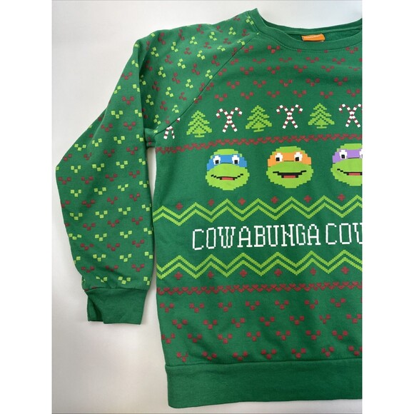 Nickelodeon TMNJ Cowabunga Christmas Sweatshirt Crewneck Pullover Green Womens L - Picture 2 of 10
